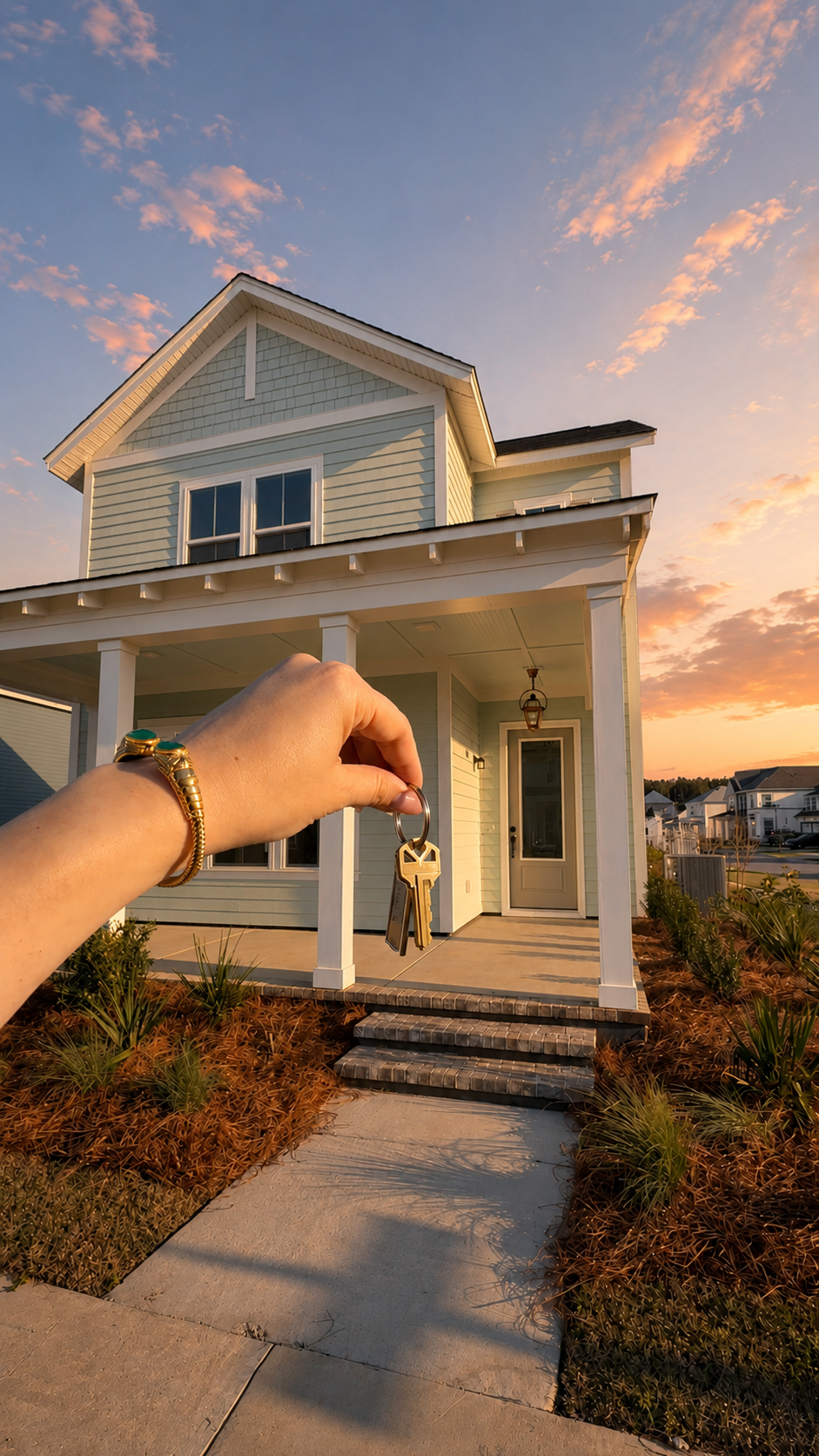 A hand holding house keys in front of a Charleston-area home at sunset, representing a first home purchase