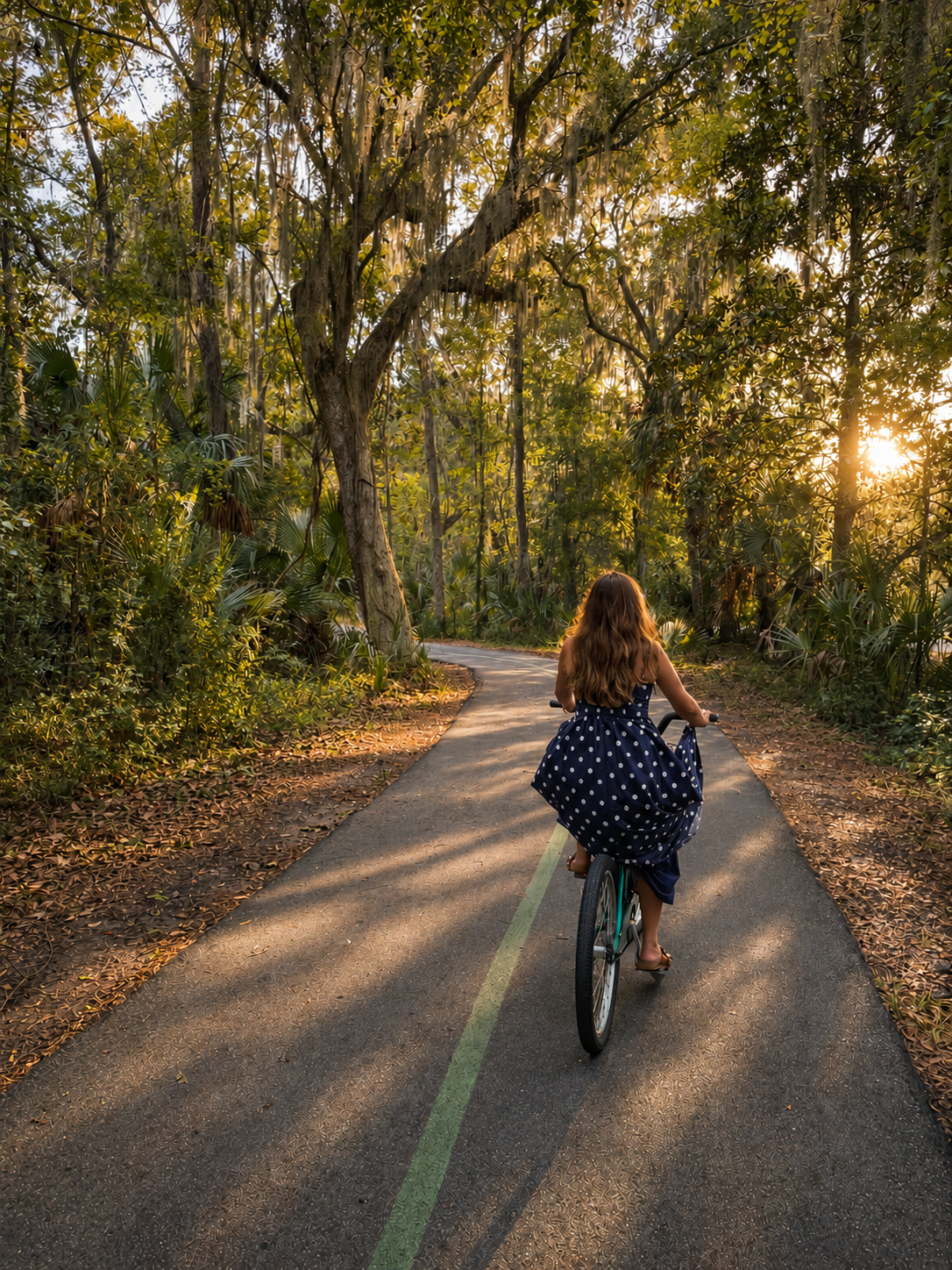 Person riding a bicycle along a tree-lined paved path in golden evening light
