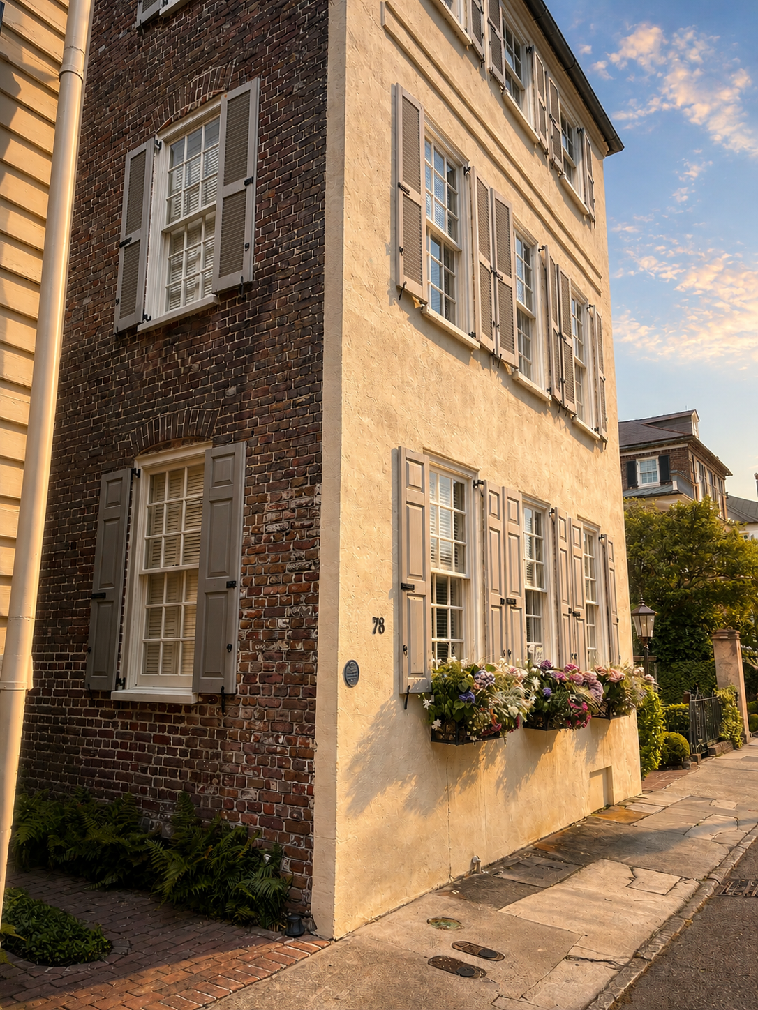 Sunlit brick and stucco buildings with shuttered windows and flower boxes