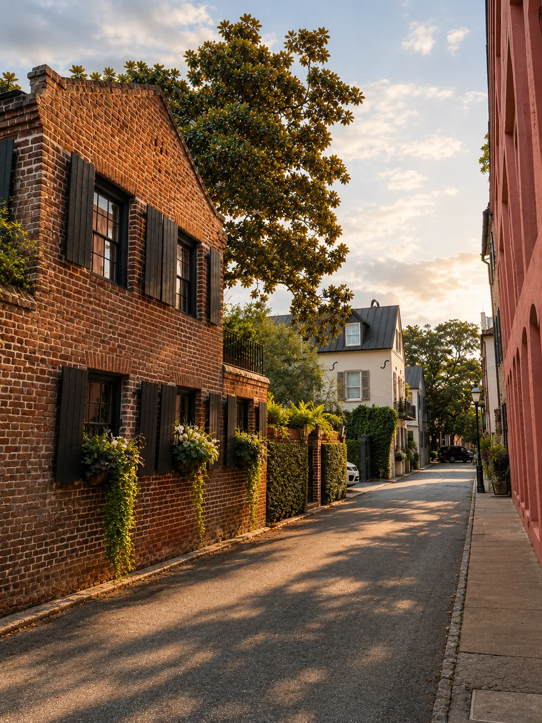 Historic brick-lined street and architecture in Charleston, South Carolina