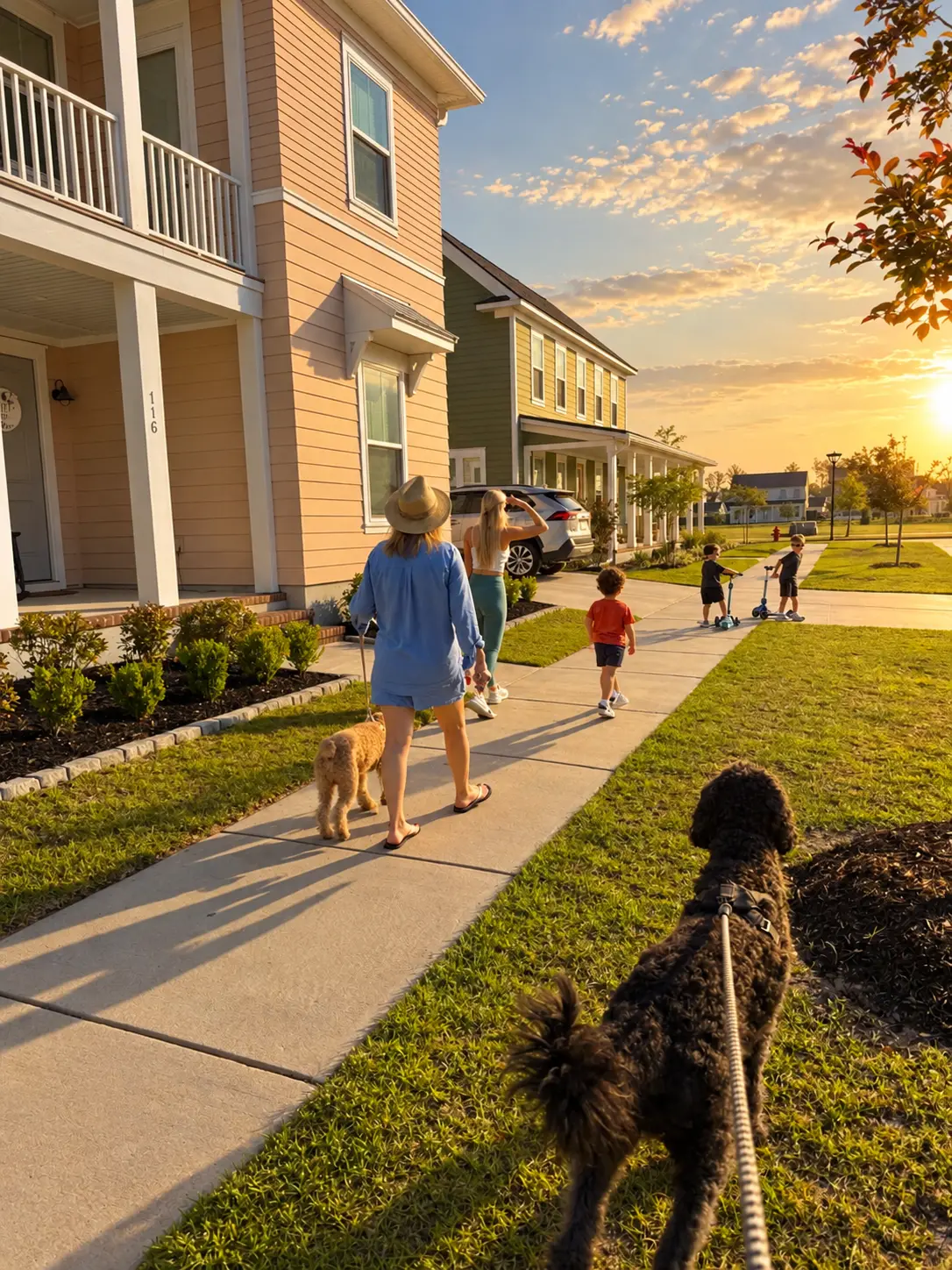 People and dogs walking along a residential sidewalk in Nexton at sunset